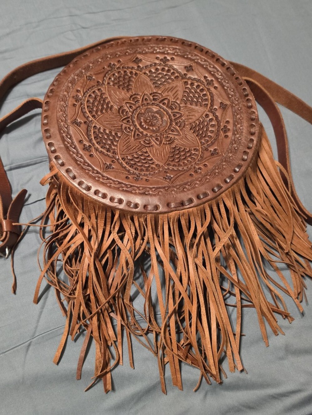 Hand-made in Mexico! Circle Medalion-embossed, Fringed Crossbody Bag NWOT